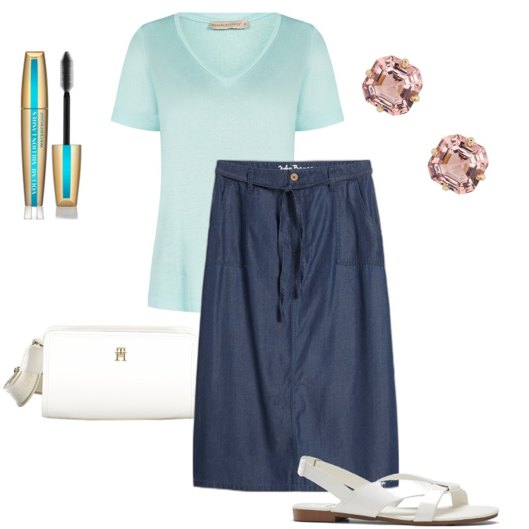 Outfit donna - Scollatura a V. Stile Casual chic per Ufficio. Abbinamento con sandali, gonne, mascara, t-shirt, orecchini, borse a tracolla.