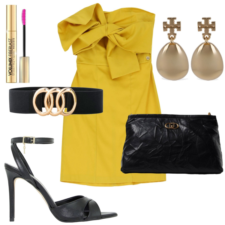 Outfit donna - Curry dress. Stile Chic per Serata fuori. Abbinamento con cinture, mascara, vestiti corti, décolleté, clutch, orecchini.