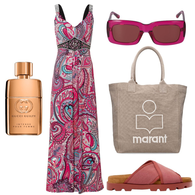 Outfit donna - Per le vie del budello. Stile Boho per Tutti i giorni. Abbinamento con vestiti lunghi, profumi, occhiali da sole, shopping bag, sandali.