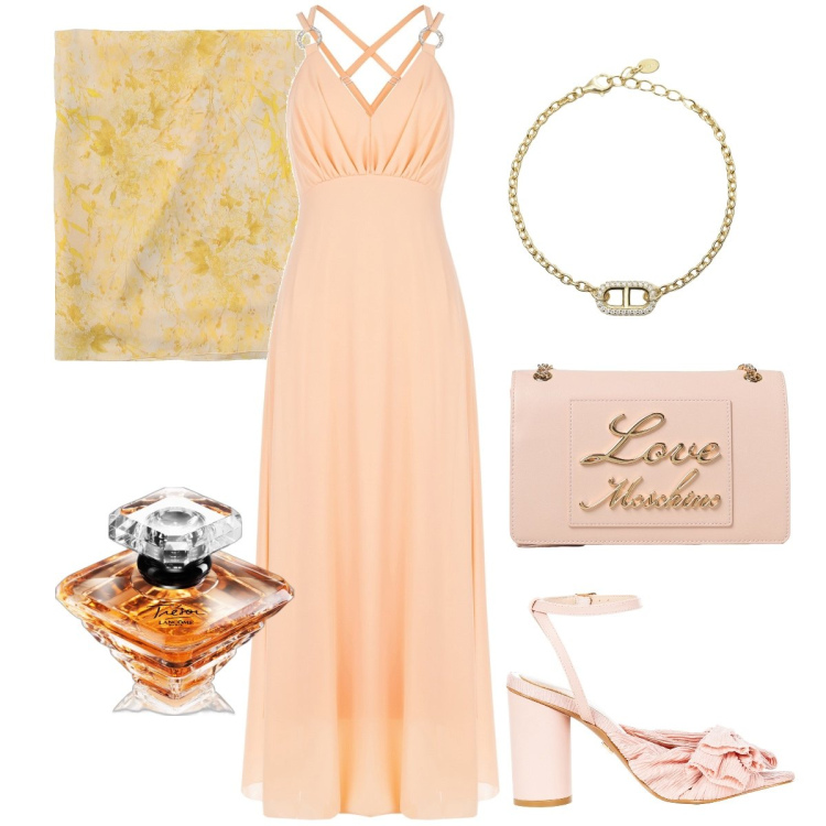 Outfit donna - Cerimonia in pesca. Stile Romantica per Cerimonia. Abbinamento con profumi, braccialetti, vestiti lunghi, sandali col tacco, borse a spalla, sciarpe.