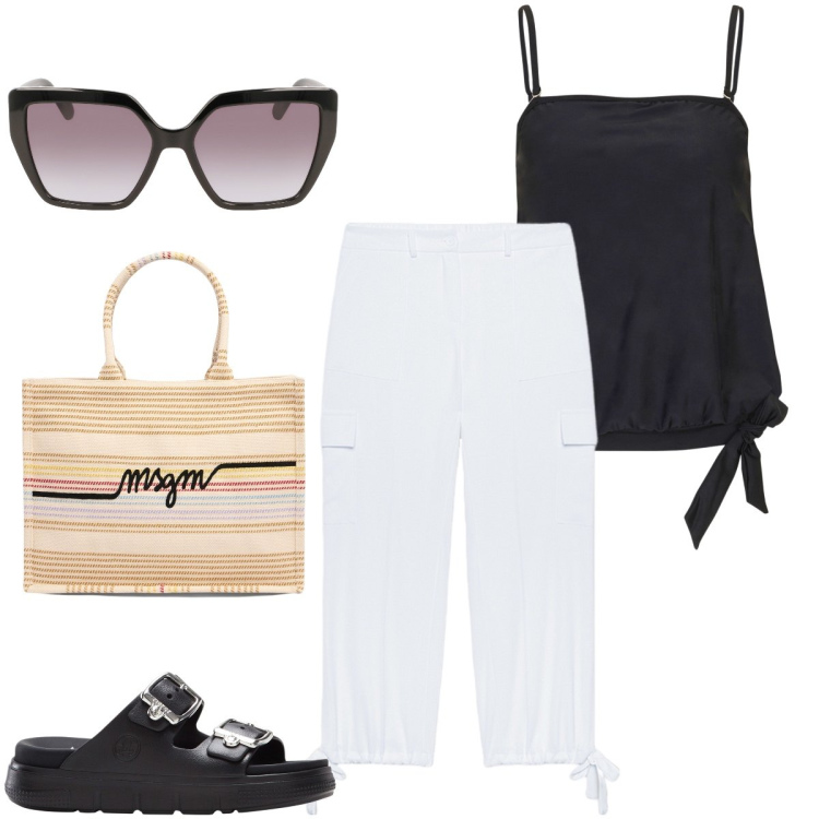Outfit donna - Fiocchetti. Stile Casual chic per Mare. Abbinamento con ciabatte, top, pantaloni cargo, occhiali da sole, shopping bag.