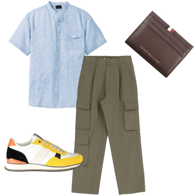 Outfit uomo - I pantaloni cargo. Stile Casual per Tutti i giorni. Abbinamento con camicie a manica corta, pantaloni cargo, portafogli, sneakers.