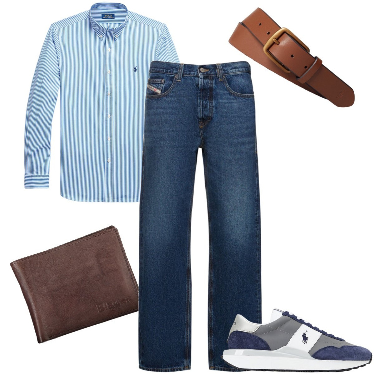 Outfit uomo - La camicia a righe. Stile Urban per Ufficio. Abbinamento con camicie, cinture, sneakers, jeans dritti, portafogli.
