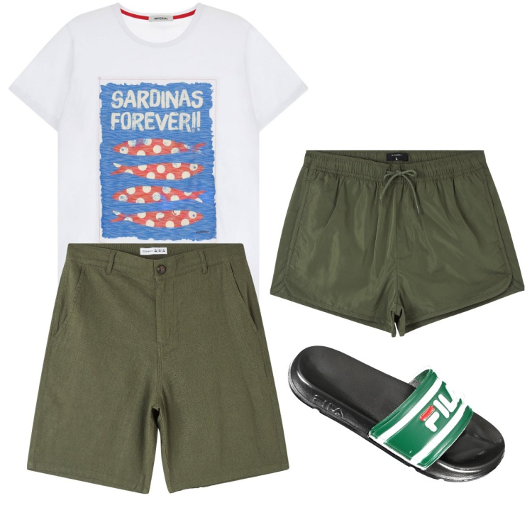 Outfit uomo - Sardinas forever. Stile Casual per Mare. Abbinamento con costumi, shorts, t-shirt, sandali.