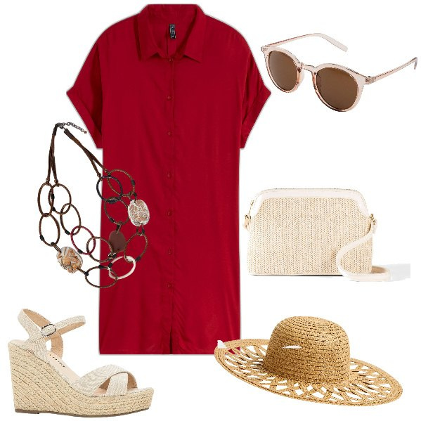 Outfit donna - Rosso e beige. Stile Casual per Tutti i giorni. Abbinamento con occhiali da sole, sandali, borse a tracolla, vestiti, cappelli, collane.