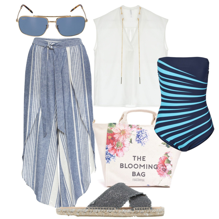 Outfit donna - Hydra. Stile Chic per Mare. Abbinamento con costumi interi, pantaloni a palazzo, borse tote, canottiere, sandali, occhiali da sole.