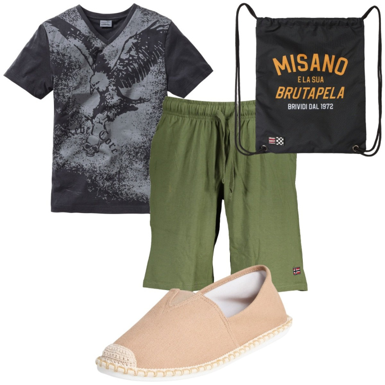 Outfit uomo - Total look #1918914. Stile Trendy per Tutti i giorni. Abbinamento con t-shirt, borse sportive, espadrillas, bermuda.