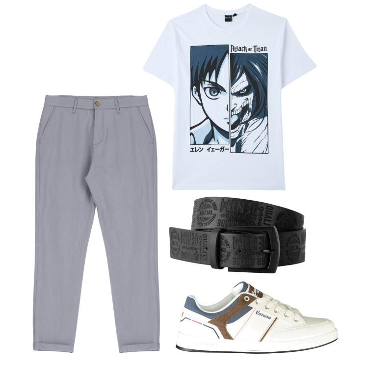 Outfit uomo - Manga. Stile Casual per Tutti i giorni. Abbinamento con cinture, t-shirt, jeans slim fit, sneakers.