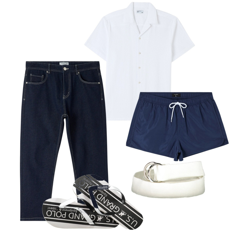 Outfit uomo - Il mare in città. Stile Casual per Tutti i giorni. Abbinamento con costumi, camicie a manica corta, jeans, sandali, cinture.