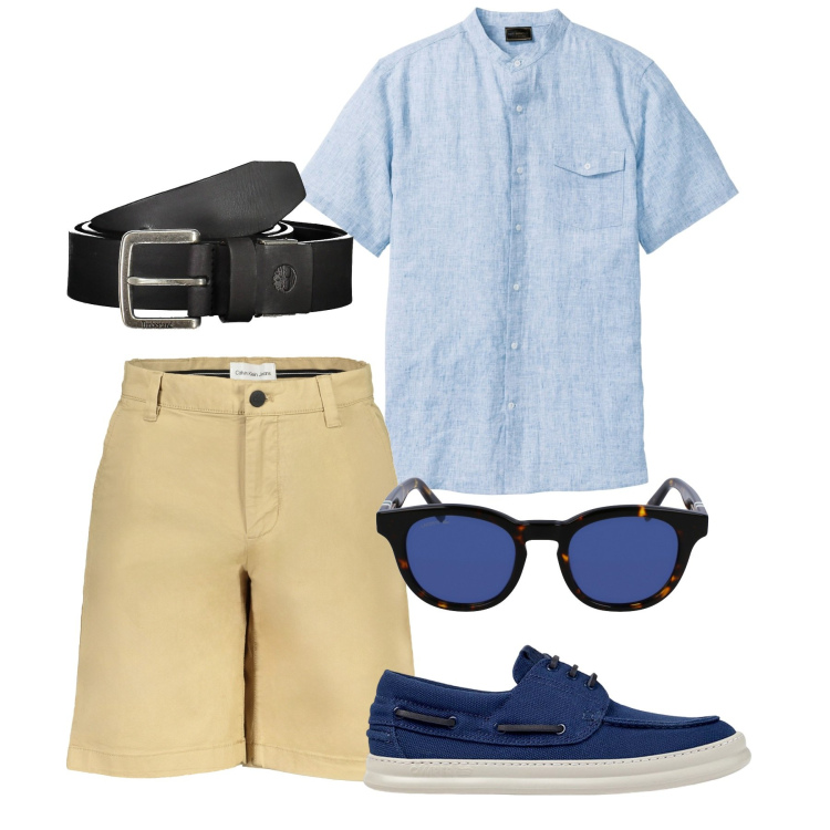 Outfit uomo - Elegante in bermuda. Stile Trendy per Tutti i giorni. Abbinamento con camicie a manica corta, cinture, scarpe stringate, occhiali da sole, bermuda.