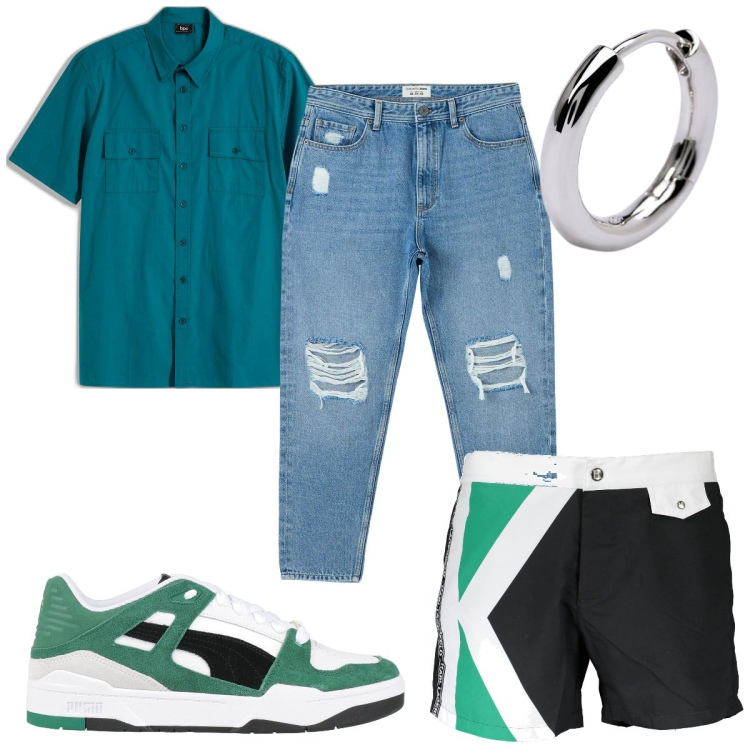 Outfit uomo - Total look #1918973. Stile Trendy per Mare. Abbinamento con camicie a manica corta, sneakers, jeans strappati, orecchini, costumi.