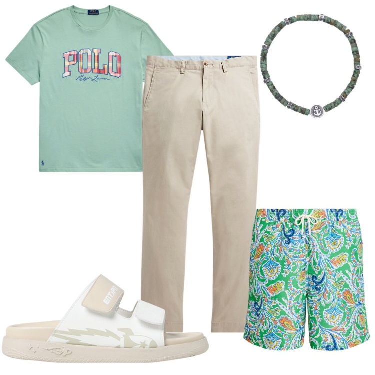 Outfit uomo - Total look #1918978. Stile Trendy per Mare. Abbinamento con braccialetti, pantaloni, t-shirt, costumi, sandali.