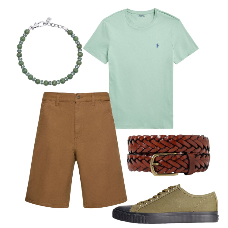 Outfit uomo - Verde acqua e tabacco. Stile Casual per Tutti i giorni. Abbinamento con braccialetti, sneakers, t-shirt, shorts, cinture.