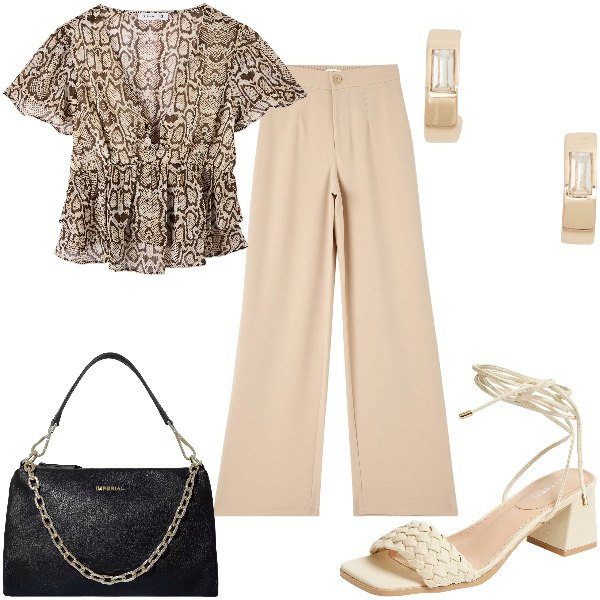 Outfit donna - Total look #1918997. Stile Trendy per Ufficio. Abbinamento con pantaloni, bluse, sandali alla schiava, pochette, orecchini.