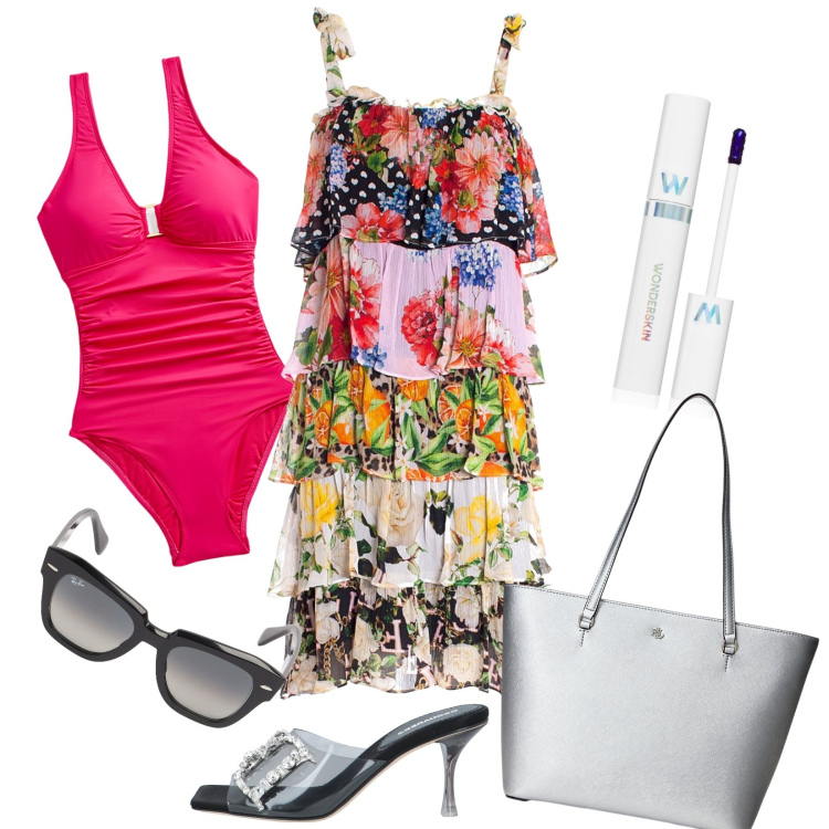 Outfit donna - Total look #1919007. Stile Casual per Mare. look ideale per Petite. Abbinamento con sandali in pelle, rossetti, vestiti senza maniche, costumi interi, borse tote, occhiali da sole.