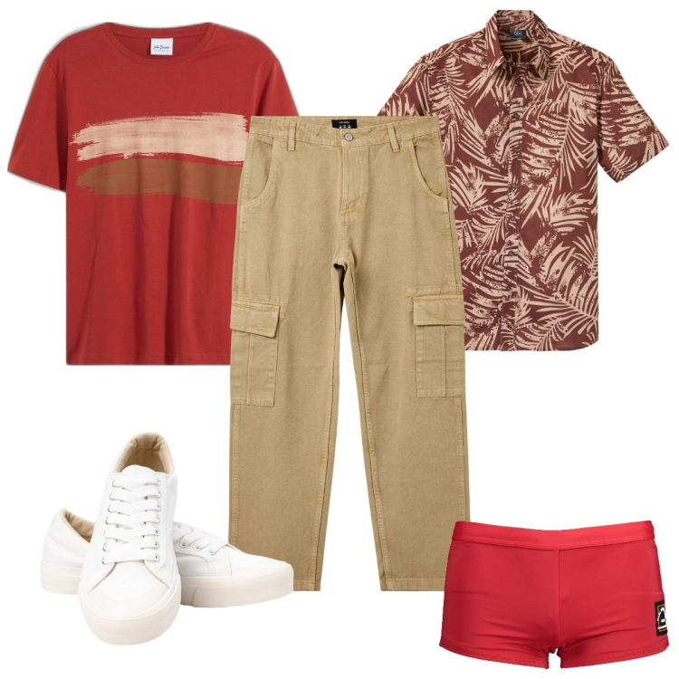 Outfit uomo - Total look #1919009. Stile Trendy per Mare. Abbinamento con camicie a manica corta, t-shirt, pantaloni cargo, sneakers, costumi.