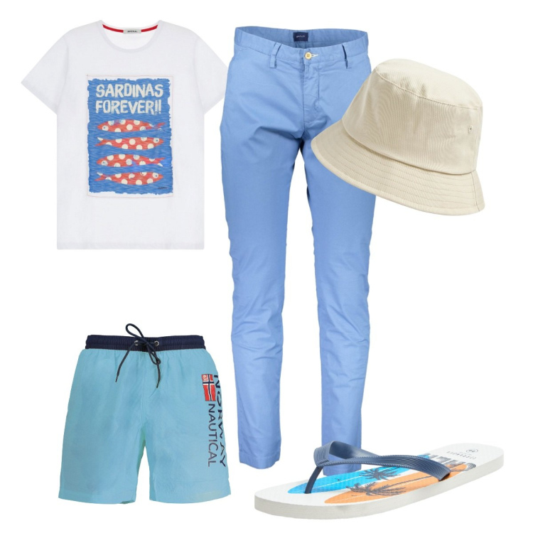 Outfit uomo - Total look #1919013. Stile Trendy per Mare. Abbinamento con cappelli, sandali, t-shirt, pantaloni, costumi.