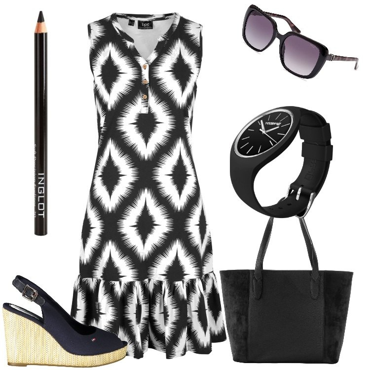 Outfit donna - Sempre ok. Stile Basic per Tutti i giorni. Abbinamento con vestiti, shopping bag, eyeliner, orologi, occhiali da sole, sandali.
