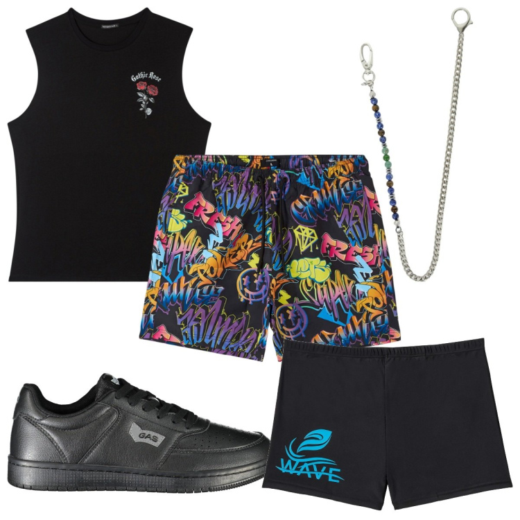 Outfit uomo - Total look #1919015. Stile Urban per Mare. Abbinamento con costumi, canottiere, bermuda, collane, sneakers.