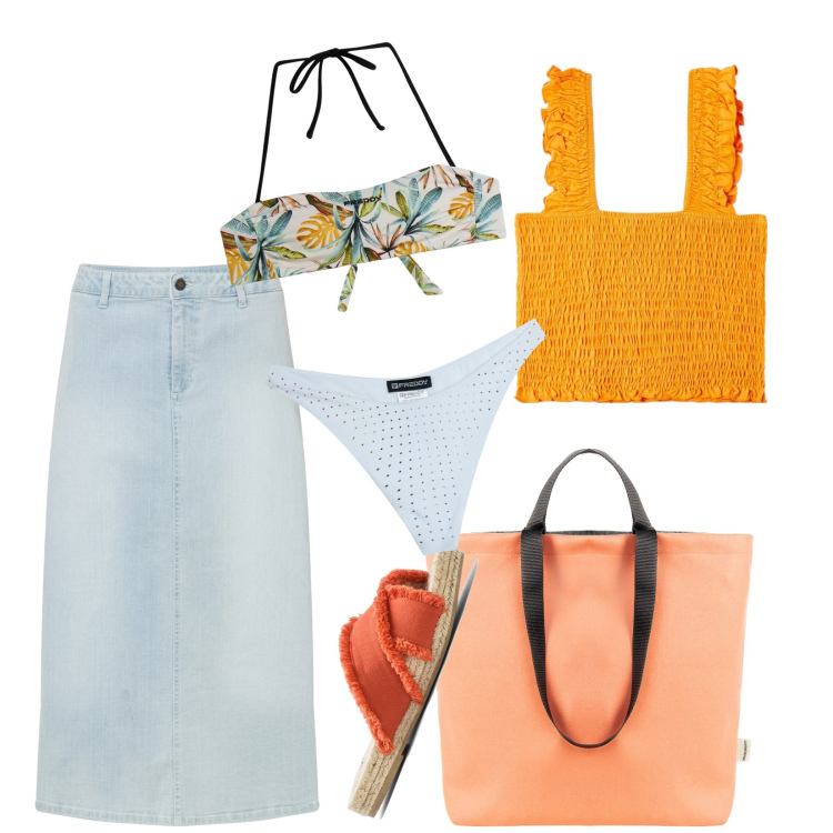 Outfit donna - Total look #1919017. Stile Casual per Mare. Abbinamento con gonne longuette, ciabatte, top, borse tote, bikini, bikini.