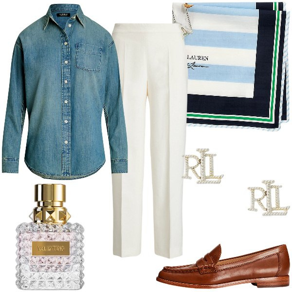 Outfit donna - Total look #1919021. Stile Mannish per Ufficio. Abbinamento con profumi, mocassini, foulard, orecchini, camicie, pantaloni.