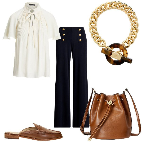 Outfit donna - Total look #1919022. Stile Sporty chic per Ufficio. Abbinamento con camicie, braccialetti, pantaloni, borse a secchiello, mocassini.