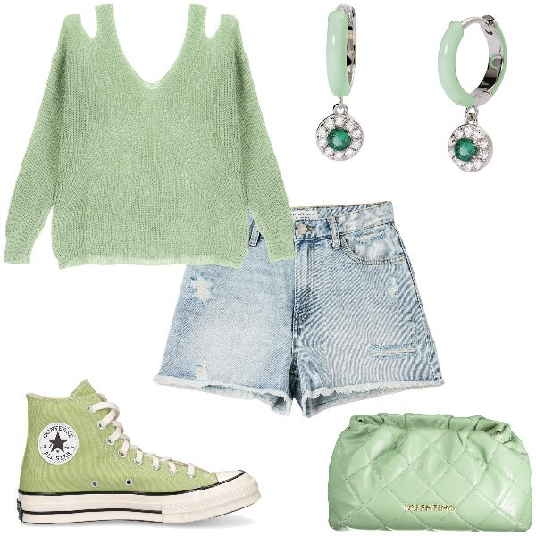 Outfit donna - Total look #1919024. Stile Casual per Tutti i giorni. Abbinamento con shorts, orecchini, pullovers, sneakers, borse a spalla.