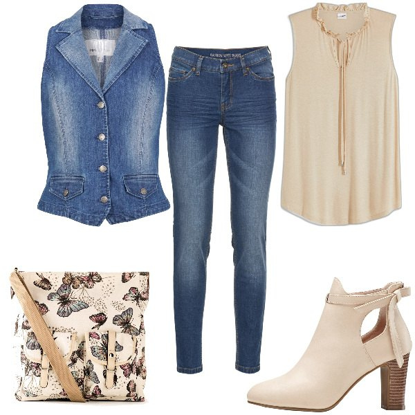 Outfit donna - Total look #1919025. Stile Vintage retrò per Tutti i giorni. Abbinamento con jeans skinny, top, gilet, borse a tracolla, stivaletti.
