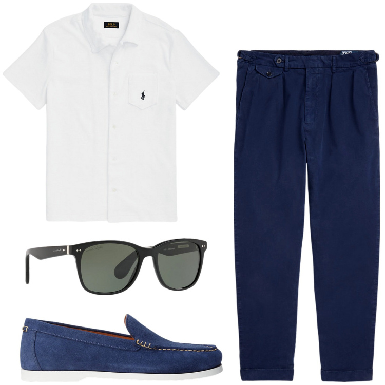 Outfit uomo - In vacanza con stile. Stile Casual per Tutti i giorni. Abbinamento con scarpe stringate, occhiali da sole, camicie, pantaloni.
