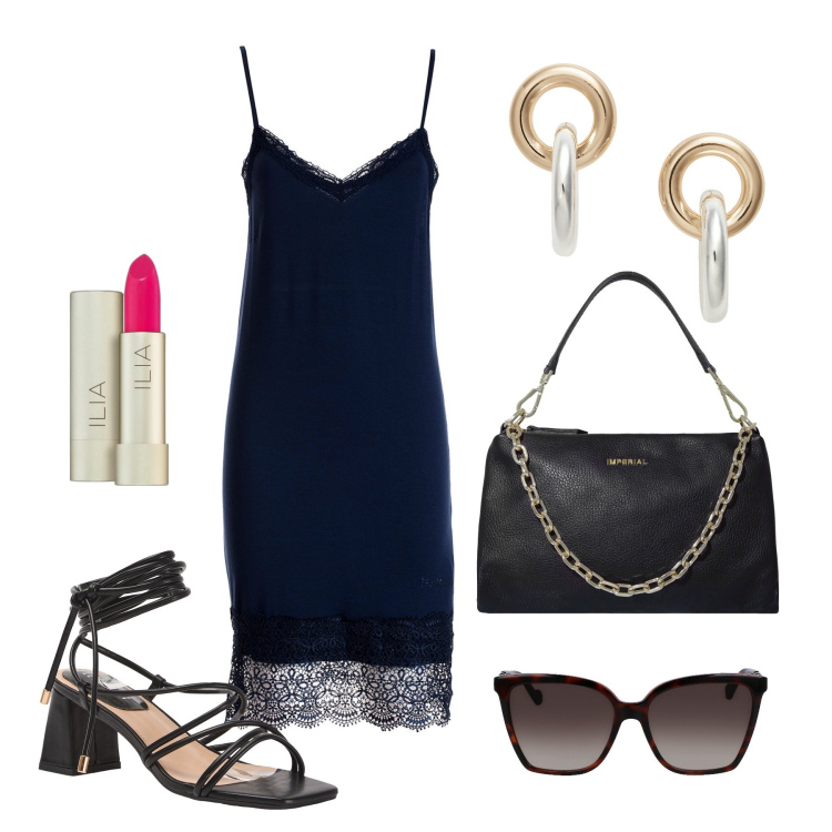 Outfit donna - Ghost outfitter - luglio. Stile Chic per Tutti i giorni. Abbinamento con rossetti, sandali alla schiava, vestiti midi/longuette, pochette, orecchini, occhiali da sole.
