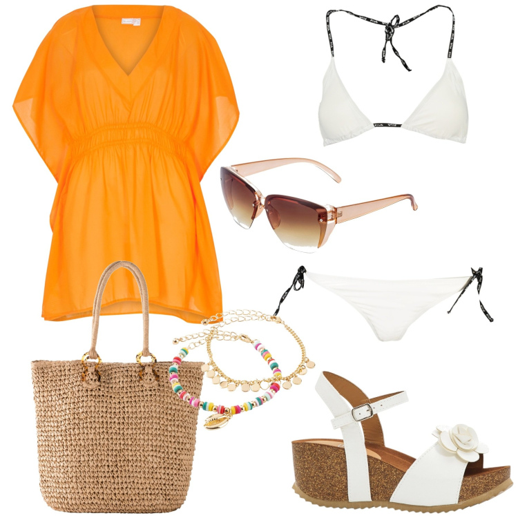 Outfit donna - Costume per l\'estate. Stile Glamour per Mare. Abbinamento con sandali, occhiali da sole, vestiti da spiaggia, shopping bag, braccialetti con ciondoli, bikini.