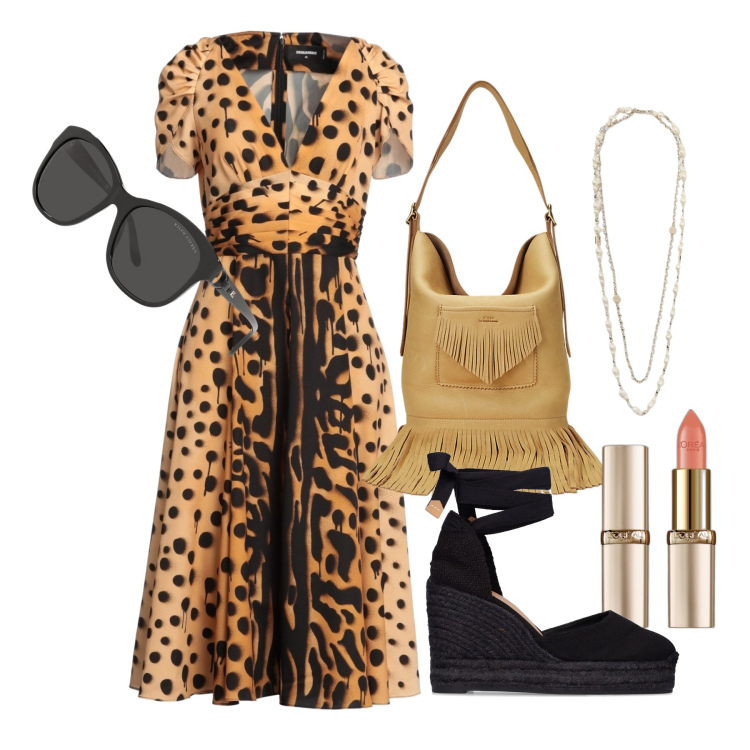 Outfit donna - Ghost outfitter - luglio. Stile Bon Ton per Tutti i giorni. Abbinamento con vestiti midi/longuette, rossetti, occhiali da sole, borse a secchiello, espadrillas, collane.