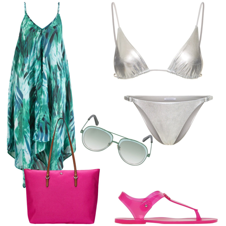Outfit donna - Costume per l\'estate. Stile Chic per Mare. Abbinamento con vestiti da spiaggia, borse tote, sandali, bikini, occhiali da sole, bikini.