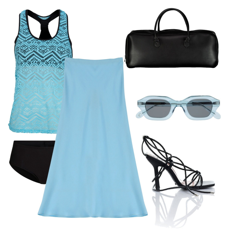 Outfit donna - Total look #1919048. Stile Casual chic per Mare. Abbinamento con costumi interi, sandali alla schiava, gonne longuette, occhiali da sole, borse a mano.