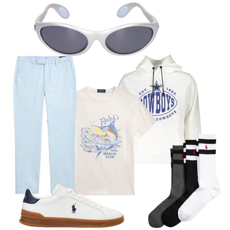 Outfit uomo - Total look #1919063. Stile Casual per Tutti i giorni. Abbinamento con calzini, pantaloni chino, t-shirt, sneakers, felpe con cappuccio, occhiali da sole.