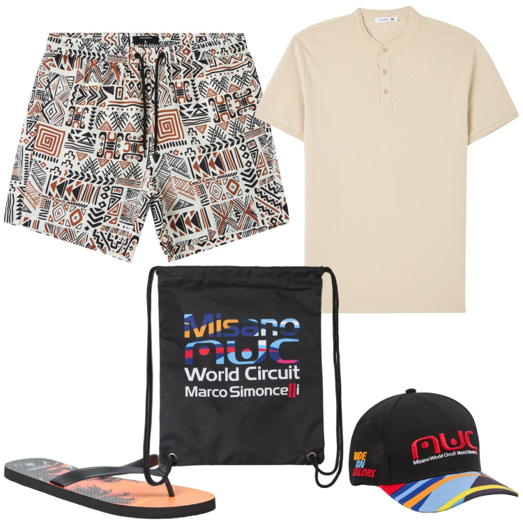Outfit uomo - Vacanze i must-have. Stile Urban per Mare. Abbinamento con cappelli, borse sportive, t-shirt, sandali, bermuda.