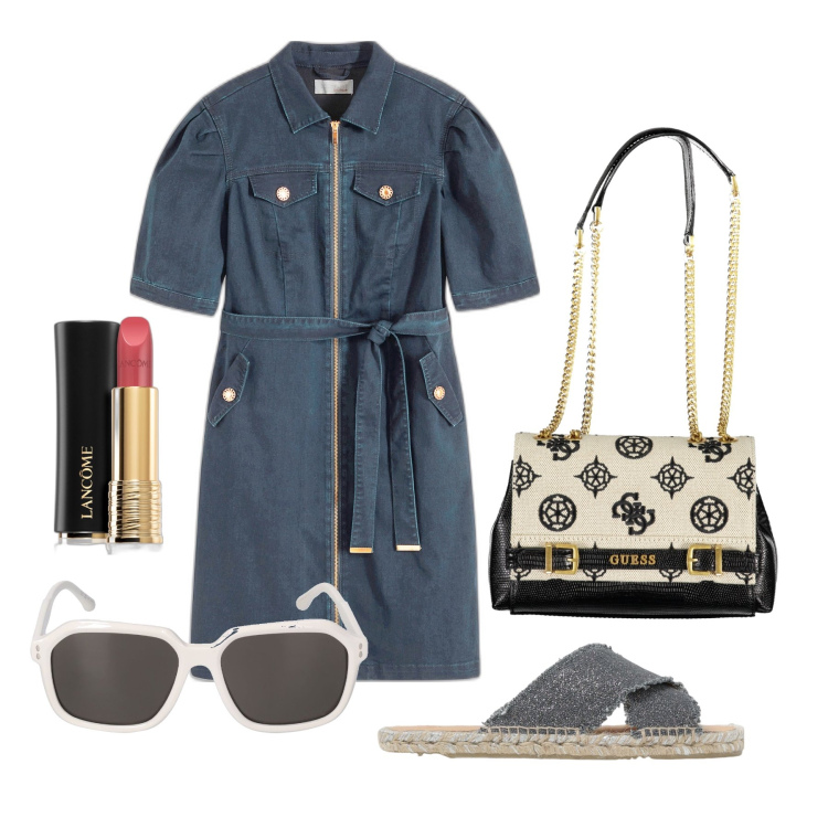 Outfit donna - Ghost outfitter - luglio. Stile Casual chic per Tutti i giorni. Abbinamento con vestiti, rossetti, sandali, borse a spalla, occhiali da sole.