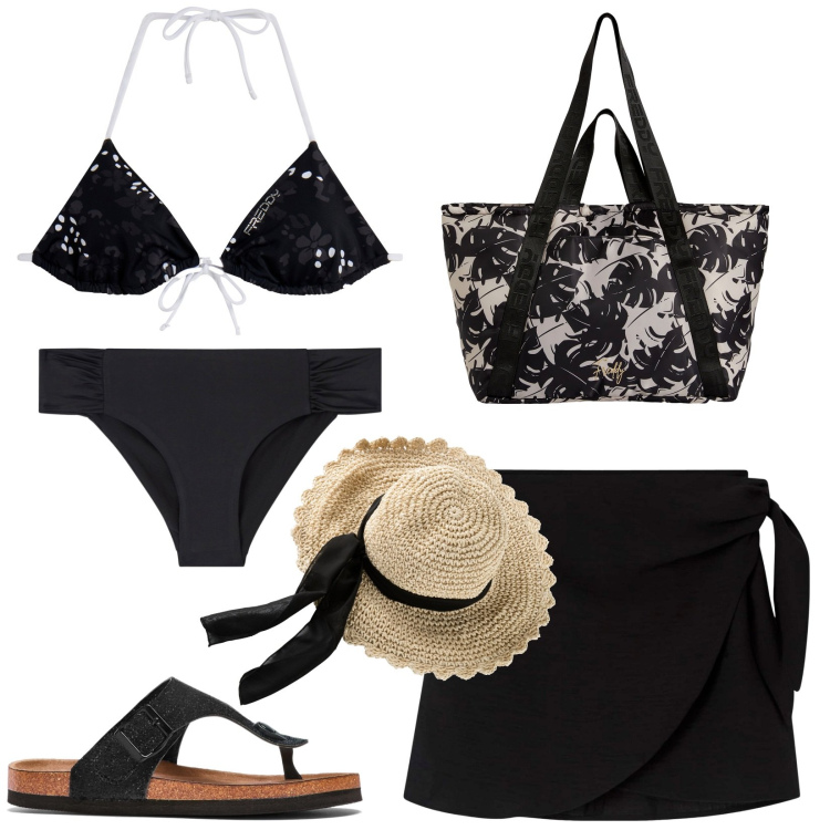 Outfit donna - Costume per l\'estate. Stile Basic per Mare. Abbinamento con infradito, cappelli, vestiti da spiaggia, bikini, shopping bag, bikini.
