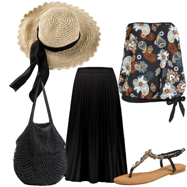 Outfit donna - Figlia dei fiori. Stile Boho per Tutti i giorni. Abbinamento con cappelli, top, borse a tracolla, sandali gioiello, gonne lunghe.