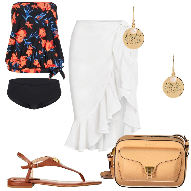 Outfit donna - Il tankini taglia 48/50. Stile Trendy per Mare. Abbinamento con costumi interi, gonne, sandali in pelle, orecchini, borse a tracolla.