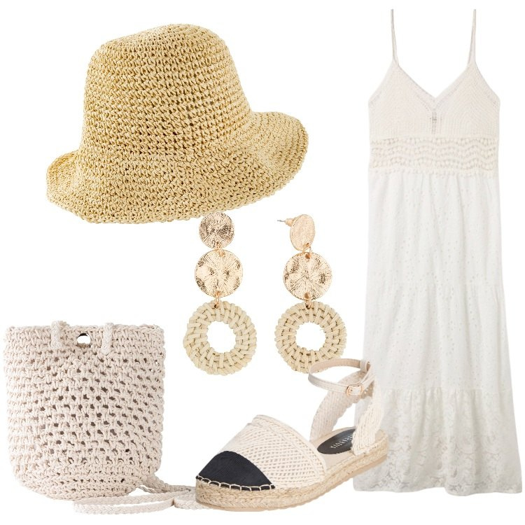 Outfit donna - Gipsy. Stile Boho per Tutti i giorni. Abbinamento con cappelli, orecchini, borse a tracolla, vestiti lunghi, espadrillas.