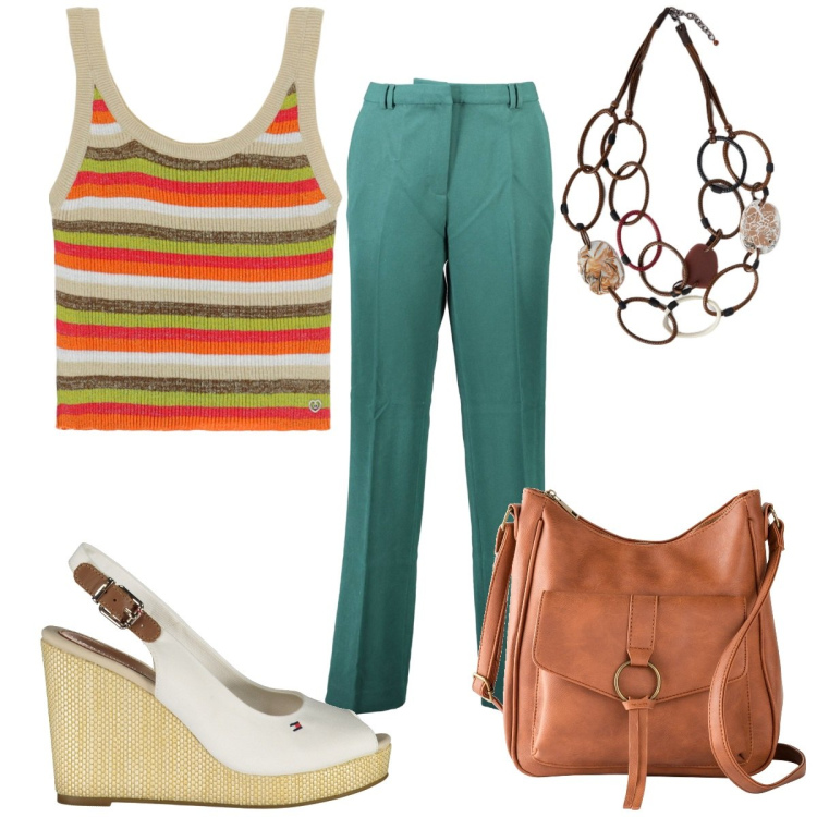 Outfit donna - Curvy , estate 70s. Stile 70s per Tutti i giorni. Abbinamento con borse a tracolla, maglieria, pantaloni, sandali, collane.