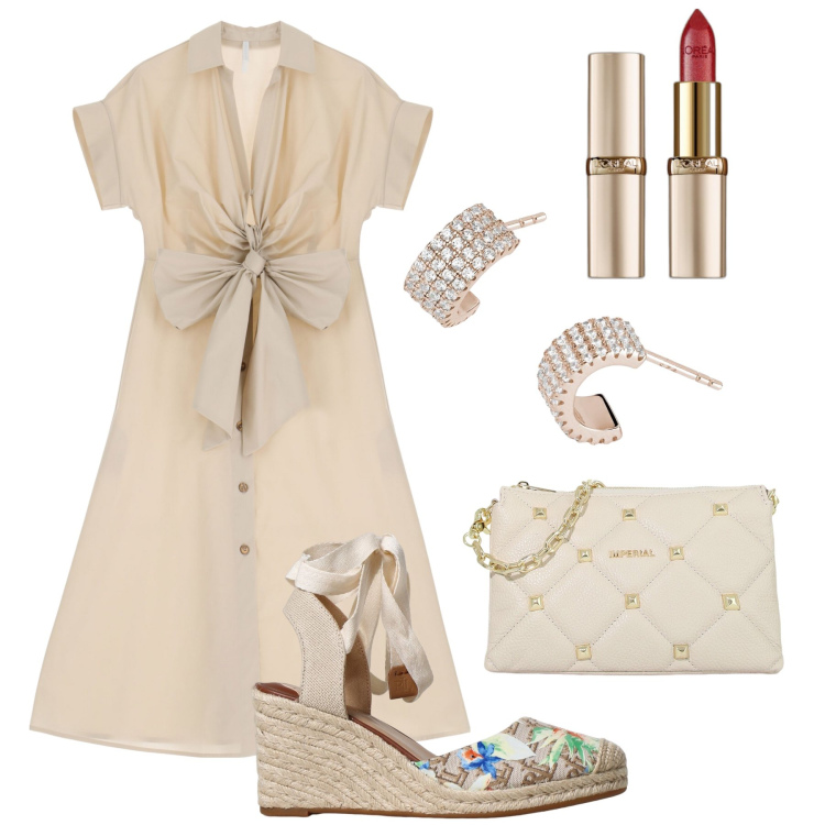 Outfit donna - Serata con le zeppe. Stile Trendy per Serata fuori. Abbinamento con rossetti, orecchini, vestiti midi/longuette, pochette, zeppe.