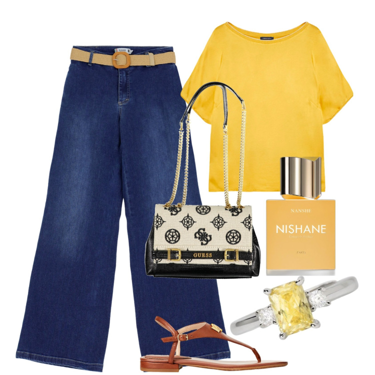 Outfit donna - Spicy summer. Stile Casual per Tutti i giorni. Abbinamento con profumi, anelli, jeans dritti, sandali in pelle, t-shirt, borse a spalla.