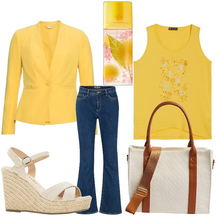 Outfit donna - Profumo di mimosa. Stile Casual chic per Ufficio. Abbinamento con blazer, jeans bootcut, sandali, profumi, shopping bag, canottiere.