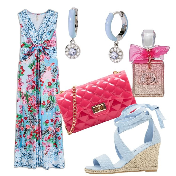 Outfit donna - Zeppe + abito = combo perfetta. Stile Romantica per Serata fuori. Abbinamento con vestiti lunghi, sandali, profumi, borse a tracolla, orecchini.