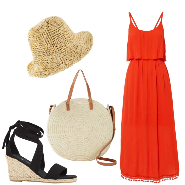 Outfit donna - Zeppe ed è subito estate. Stile Boho per Tutti i giorni. Abbinamento con cappelli, vestiti midi/longuette, sandali, borse a tracolla.