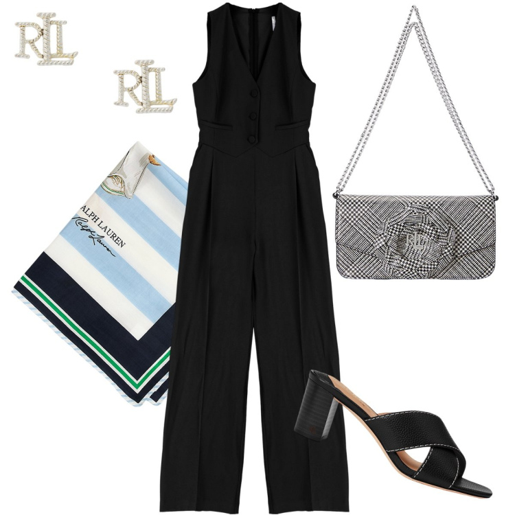 Outfit donna - La jumpsuit nera. Stile Bon Ton per Serata fuori. Abbinamento con tute, foulard, orecchini, borse a spalla, sandali in pelle.