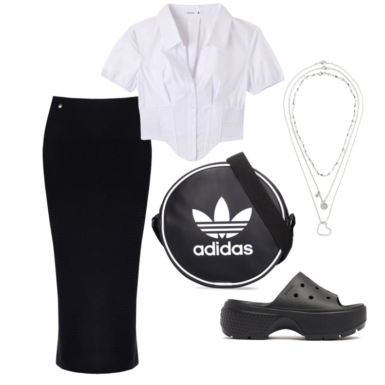 Outfit donna - Ghost outfitter - luglio. Stile Sporty chic per Tutti i giorni. Abbinamento con collane, camicie a manica corta, gonne longuette, ciabatte, borse a spalla.