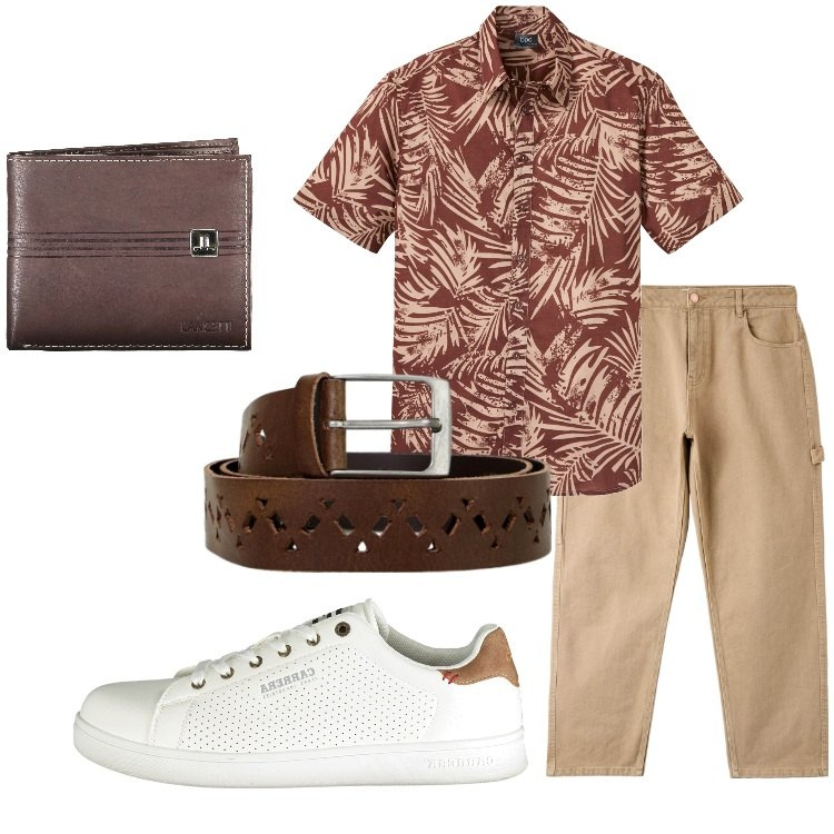 Outfit uomo - Invitato a una festa. Stile Trendy per Serata speciale. Abbinamento con camicie a manica corta, pantaloni, cinture, portafogli, sneakers.